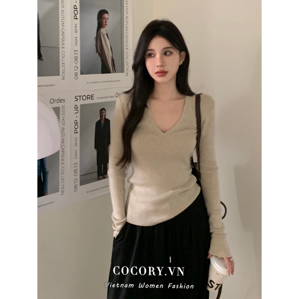 Cocorygirl Quần áo nữ Hàn Quốc Áo thun dệt kim dài tay cổ chữ V màu trơn thời trang mùa thu