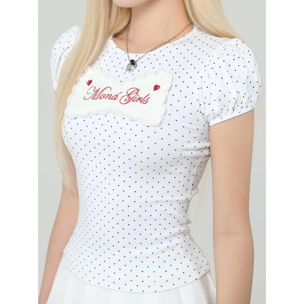 Áo thun babytee nữ MONÁ tay bồng cổ tròn hoạ tiết chấm bi thêu Moná Girls - HAMIE TOP | BigBuy360 - bigbuy360.vn