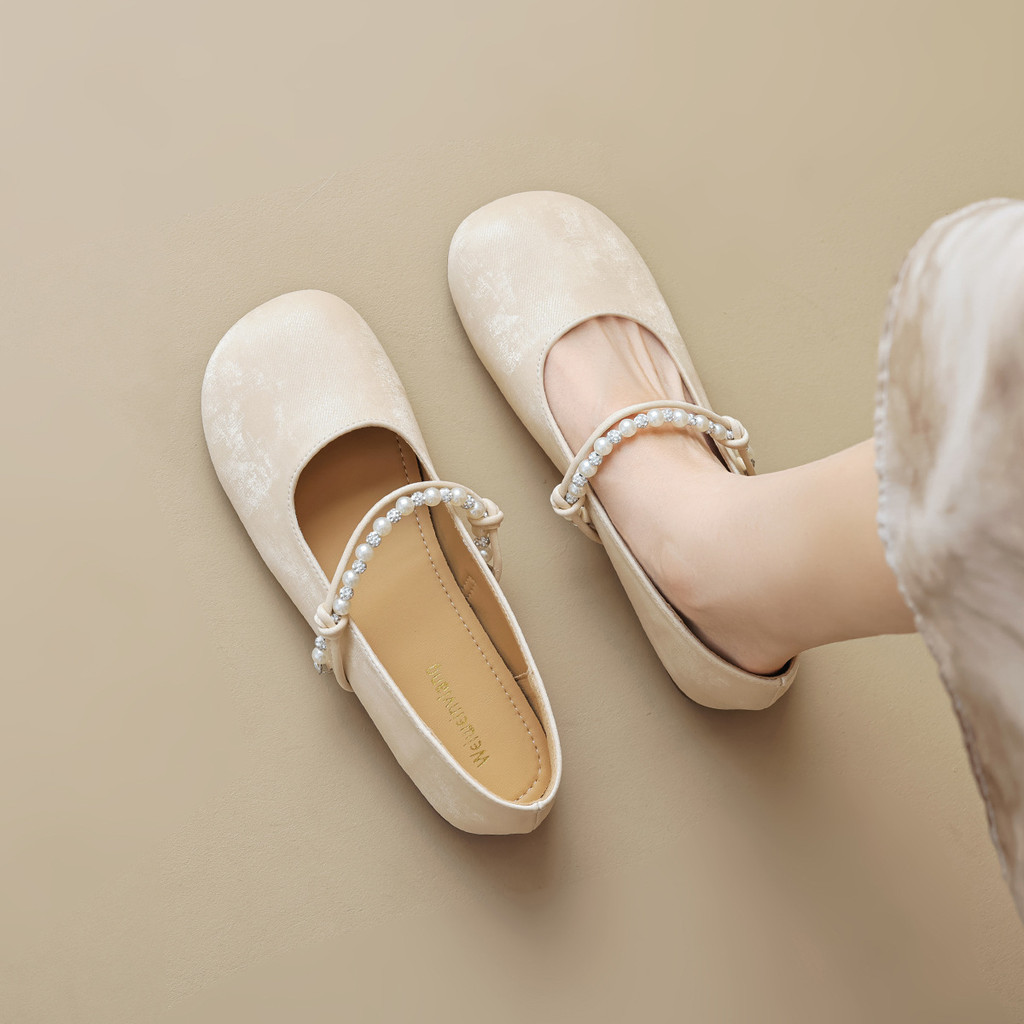 Plus Size 41 42 43 Phong Cách Mới Dễ Thương Mũi Tròn Giày Ba Lê Nông Miệng Dây Mary Jane Giày Nữ Già