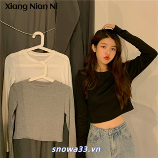 Xiang Nian Ni Phong Cách Cơ Bản Dài Tay Trắng Đáy Áo Sơ Mi Phong Cách Hàn Quốc Rốn Áo Thun Nữ Slim Fit Giảm Béo Ngắn Top