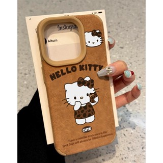 Ins Da Báo In Họa Tiết Hello Kitty Họa Tiết Da Nâu Bốn Góc Chống Rơi Ốp Lưng Điện Thoại iPhone 16 Promax 15 Promax 12 13 14plus 11 Pro Max X XS XR XS Max