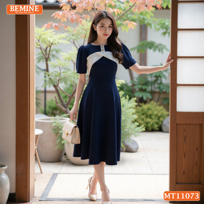Đầm thiết kế BEMINE cổ thuyền đính cúc dáng chữ A phù hợp đi làm-MT11073