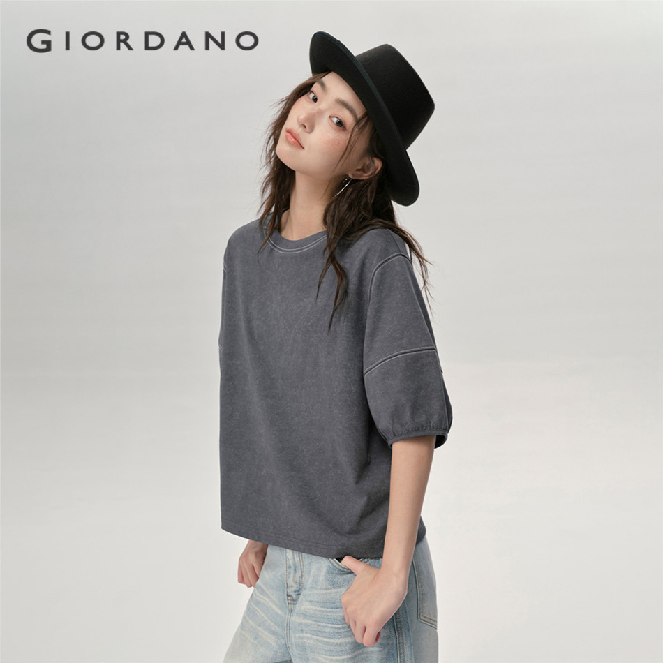 GIORDANO WOMEN Topstitch elbow-length sleeve acid washed tee 18325212
