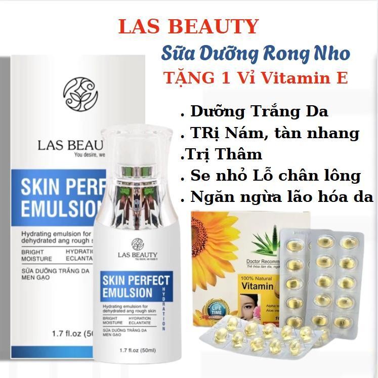 TẶNG 1 vỉ VITAMIN E - Sữa dưỡng Rong Nho Nhật Bản Las Beauty truyền trắng dưỡng da căng bóng Skin Perfect Emulsion 50ml
