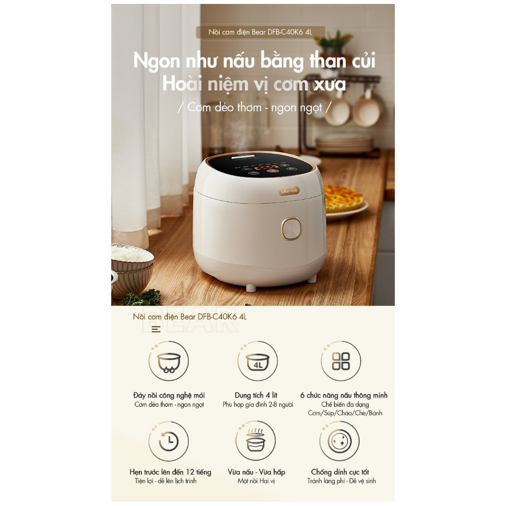 Nồi Cơm Điện 1.5L Bear DFB-C40K6 (RC-4H40E) 800W - Chống Dính 5 Lớp - 6 Chế Độ Nấu - BH 18 Tháng