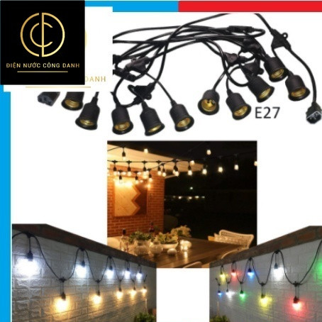 Dây Đèn Kín Nước Ngoài Trời trang trí  5m 10 đuôi,10m 15 đuôi,10m 20 đuôi. Đui E27