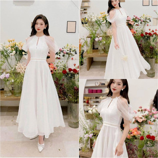 Đầm dự tiệc xòe trễ vai họa tiết phối hạt ngọc dễ thương dáng tiểu thư sang trọng