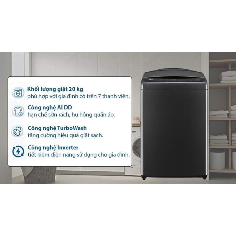 Máy giặt LG Inverter 20 kg TV2520DV7J - Lồng đứng, AI DD, Đen