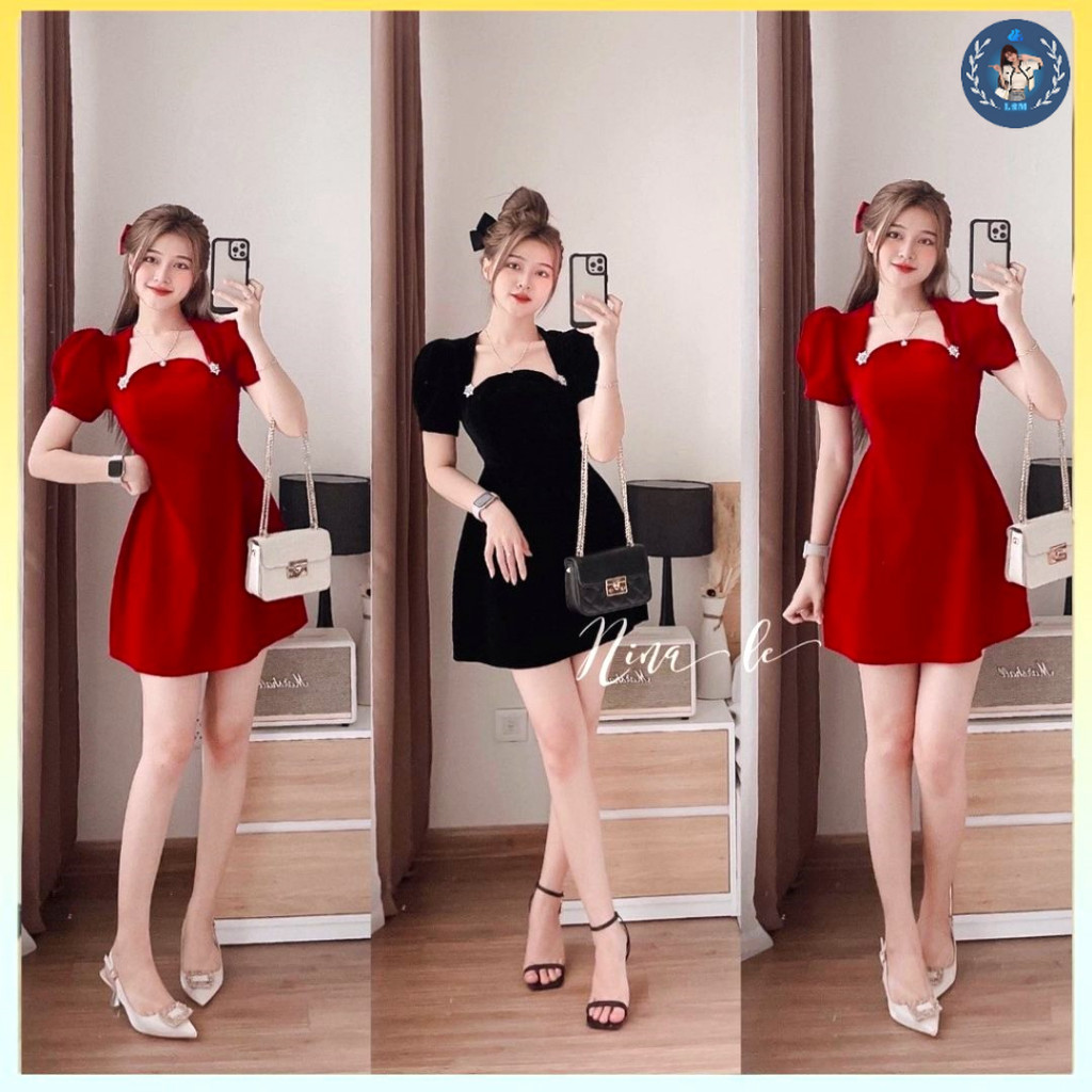 💥[A089] Đầm NHUNG 2 màu đính HOA TUYẾT dáng chữ A siêu xinh - L2M