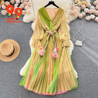 Đầm Dài Cổ Chữ V Xếp Ly Tay Dài Phong Cách Pháp Thời Trang Mùa Hè Cao Cấp Cho Nữ