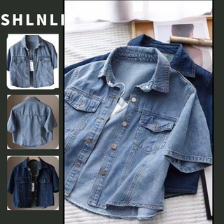 Áo denim ngắn tay kiểu Mỹ cổ điển, phù hợp mùa xuân - thu, dáng rộng