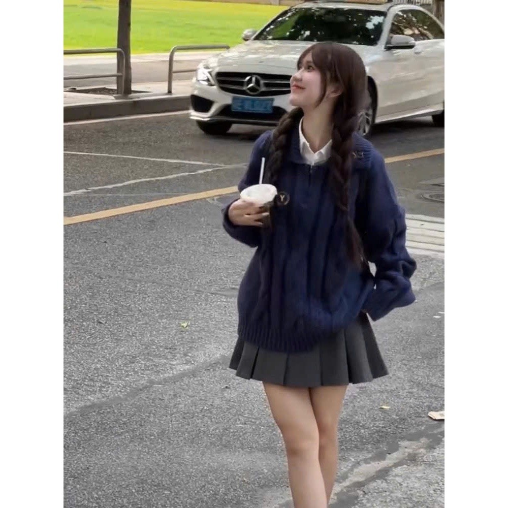 [ẢNH THẬT] Áo len vặn thừng nữ Yummy cổ sơ mi, Áo len cổ sơ mi phối khóa kéo vintage Hàn Quốc AL22 | BigBuy360 - bigbuy360.vn