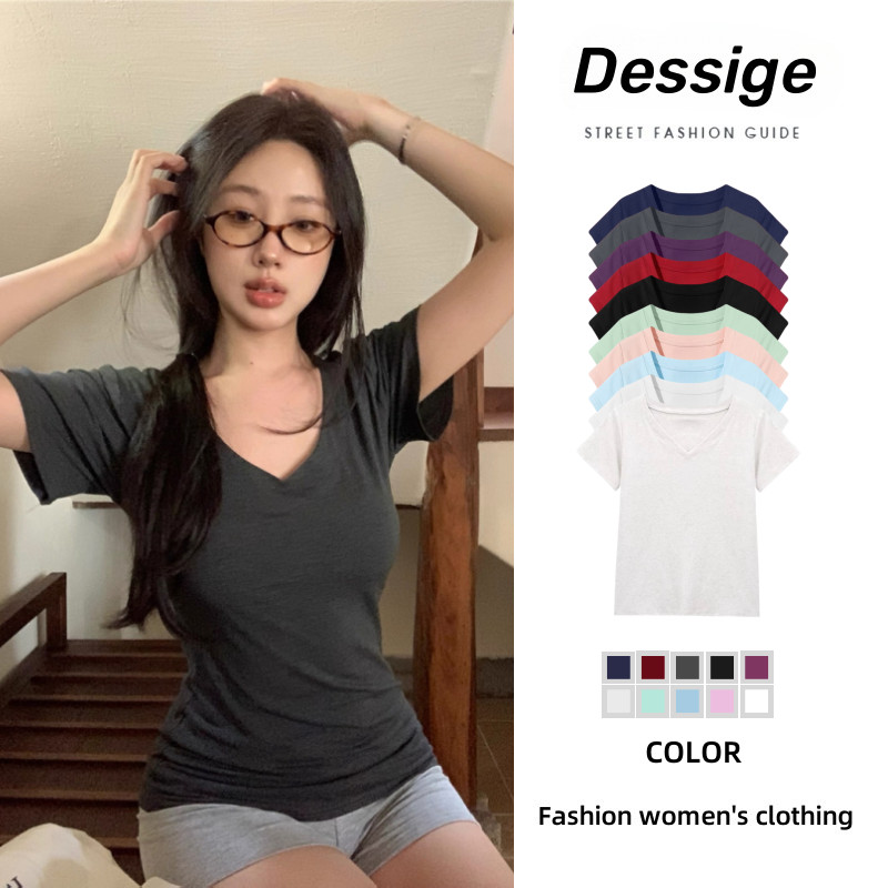 Dessige Áo baby tee Thun ôm body Áo y2k 100% cotton Áo thun nữ cổ chữ V đơn giản thời trang mùa hè