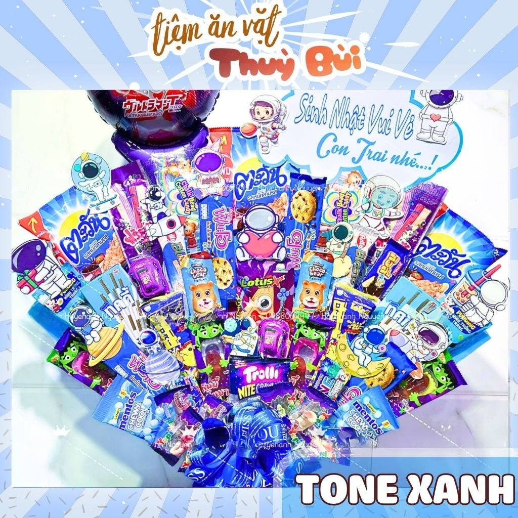 Bánh Kẹo Màu Xanh Dương / Thế Giới Đồ Ăn Vặt Màu Xanh TB, , Concept Trang Trí Giỏ Quà Bánh Kẹo