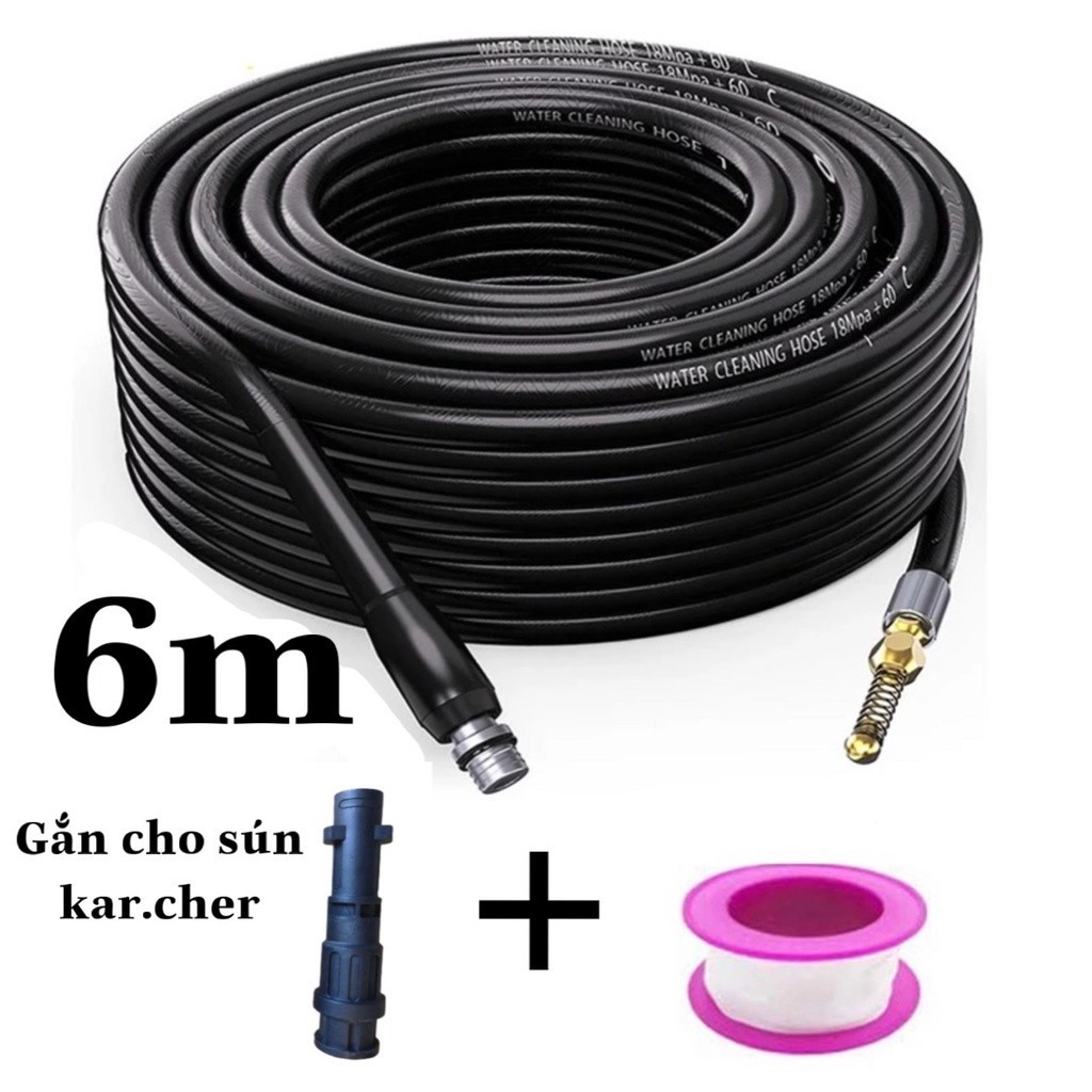 6M Dây Thông Tắc Cống Gắn Sún Máy Rửa Xe Kacher K2-K7 Kèm Nối Và Cuộn Cao Su Non-Hàng OEM-Đồng Kiểm