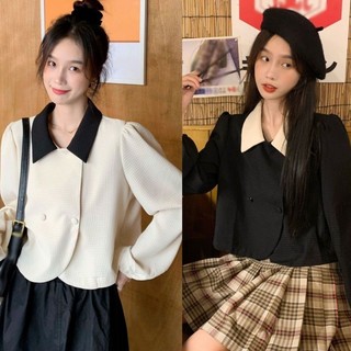 Áo khoác cổ điển kiểu Pháp Áo sơ mi nữ có ve áo tương phản thời trang áo sơ mi dài tay