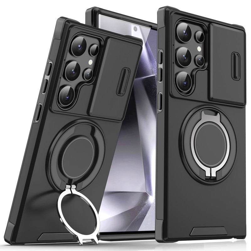 360° Xoay Kim Loại Từ Nhẫn Giá Đỡ Ống Kính Trượt Bảo Vệ Giáp Chống Sốc Ốp lưng Samsung S24 S23 S22 S21 Ultra S24 S23 Plus S23 S20 FE A25 A15 Ốp Lưng Cứng