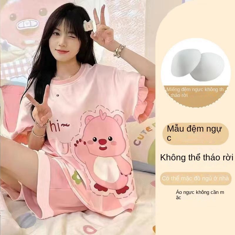 Phong Cách Mới Bộ Đồ Ngủ Nữ Mùa Hè Tay Ngắn Áo Chui Đầu Phong Cách Mỏng Cô Gái Hoạt Hình Có Miếng Lót Ngực Homewear Phù Hợp Với Nữ Phong Cách Có Thể Mặc Bên Ngoài