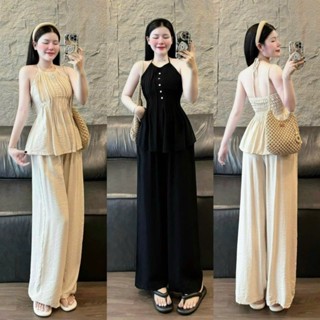  Sét bộ thiết kế thời trang nữ sét áo cổ yếm đính nút xếp ly mix quần ống suông chất đũi vân mây chạy mocking siêu xinh 