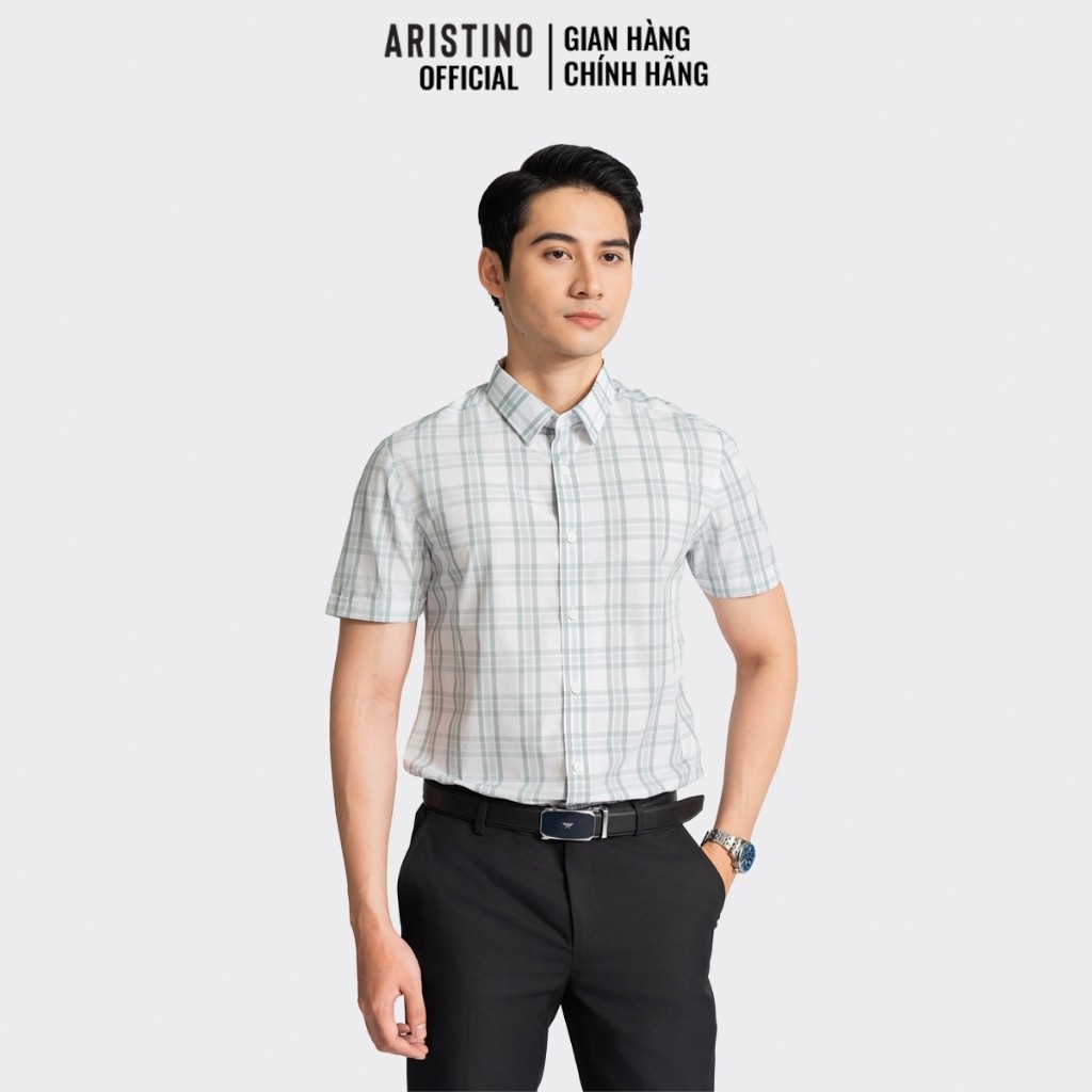 ÁO SƠ MI NGẮN TAY ARISTINO MÀU TRẮNG KẺ XANH LÁ - ASS007AZ