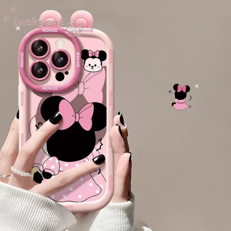 Ốp điện thoại iPhone 15 14 13 12 11 Pro Max X Xr Xs Max 7 8 Plus SE2020 3D DIY Pink Bow Cặp đôi chuột dễ thương Vỏ điện thoại mềm