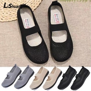  Giày đế bệt nữ LISHUANG Giày lười có thể gập lại Giày đơn mũi vuông bằng lưới Giày đế mềm thoáng khí thời trang rỗng thoáng khí dành cho mẹ dành cho nữ 