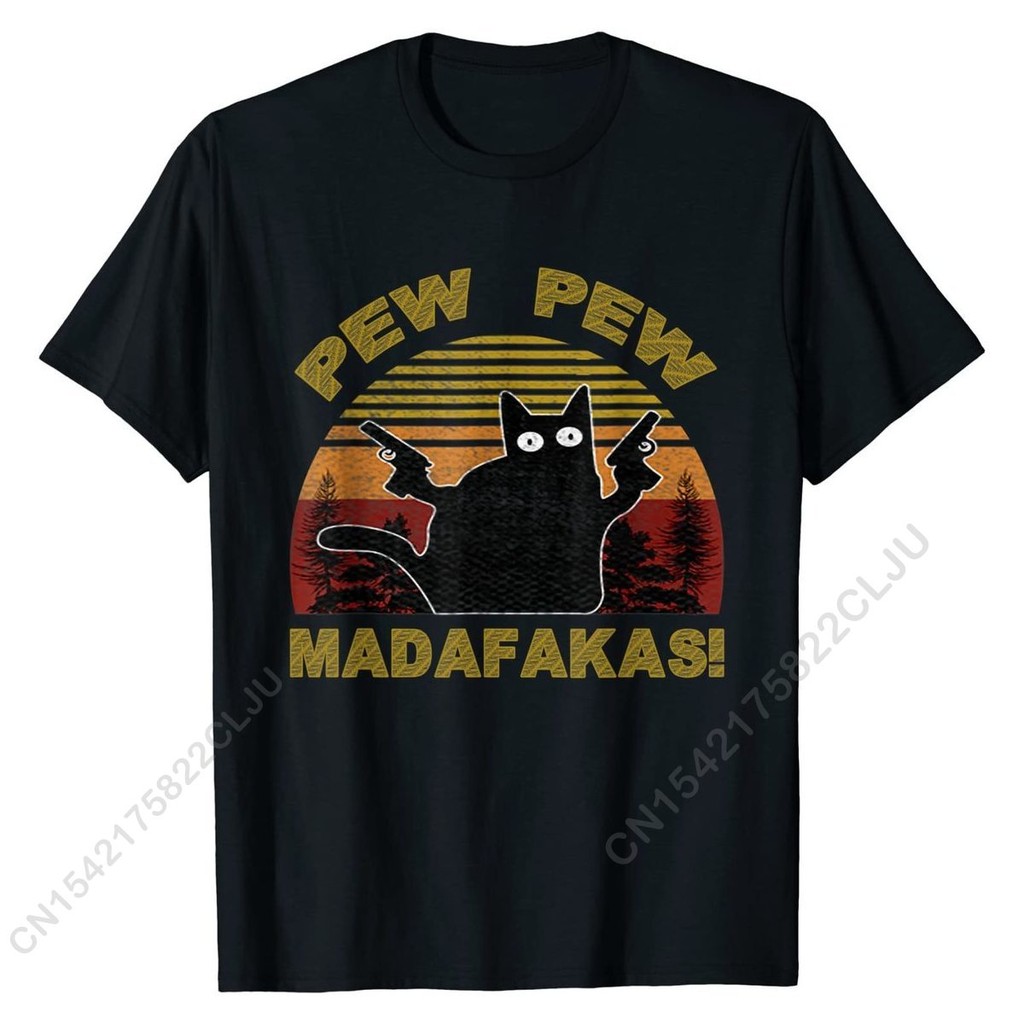 Mèo Vintage PewPew Madafakas Mèo Điên Pew Ngộ nghĩnh Áo Thun Thiết Kế Cotton Nam Áo Thời Trang Mới V