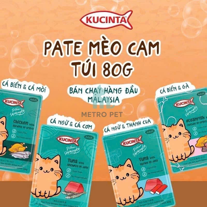 Pate Cho Mèo KUCINTA Gói 80g - Pate Kucinta Vị Cá Ngừ & Gà Nhập Khẩu Malaysia cho chó mèo mọi lứa tu