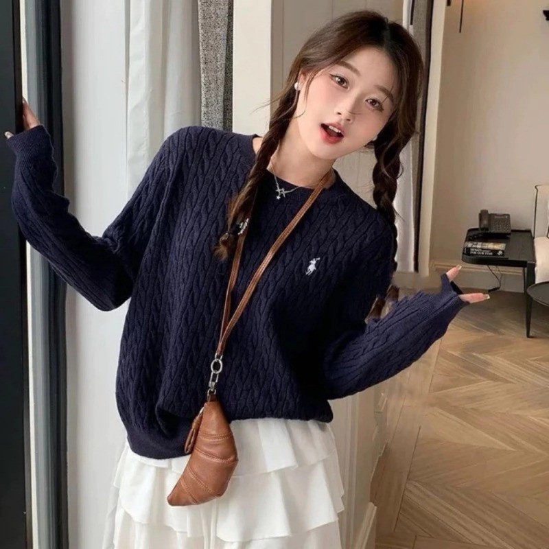 Áo len dệt kim tay dài thêu ngựa phong cách Hàn Quốc, họa tiết xoắn dây - cổ tròn màu trơn mềm mại | BigBuy360 - bigbuy360.vn