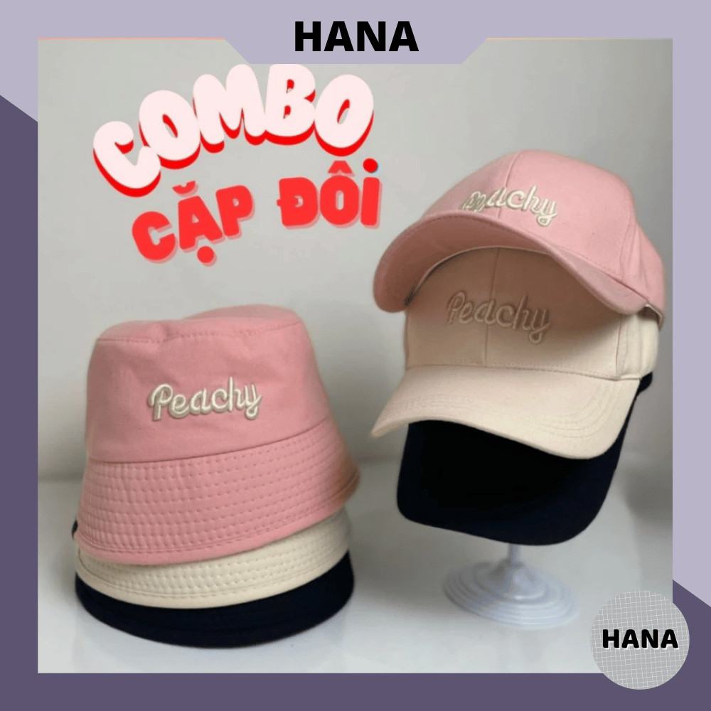 HANA - (Mũ cặp) Mũ đôi thêu chữ PEACHY, nón bucket mũ kết đôi nam nữ PEACHY đứng form mũ tai bèo H39