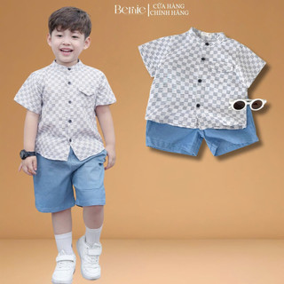 Set bộ sơ mi cổ trụ caro cho bé trai áo tay ngắn kèm quần short jean size 9đến 26kg BERNIE P1124B89 