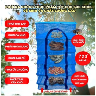 [Hàng Sẵn] Lồng lưới phơi khô thực phẩm phơi cá chống côn trùng treo 4 tầng để phơi cá khô có thể xếp gọn