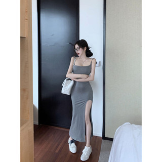 Váy ren eo hẹp dành cho nữ mùa hè nguyên chất Váy gói hông mong muốn Chia phong cách mới Dây đeo Váy dài Slim-Fit Váy màu xám WIWP