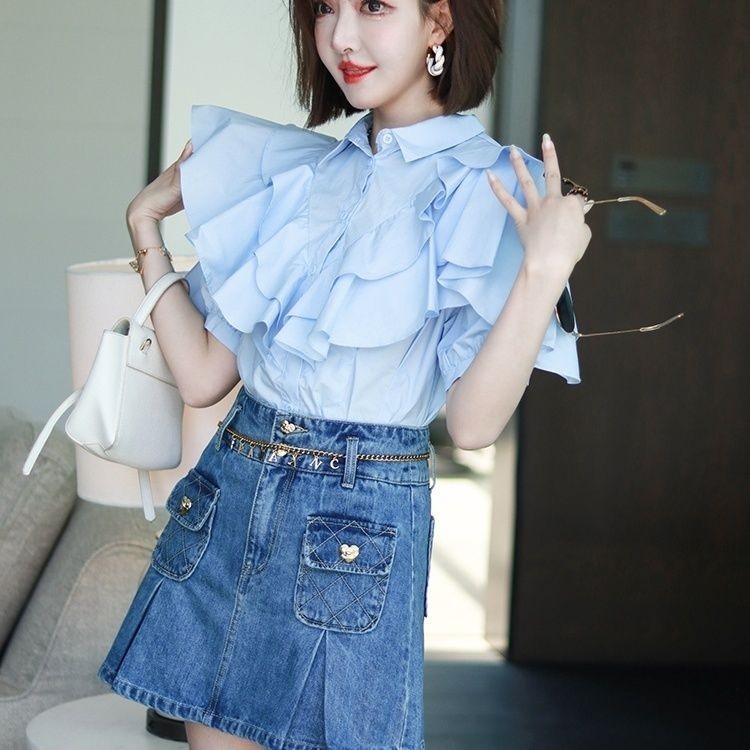 Áo Sơ Mi Khâu Viền Bèo Cổ Bẻ Thiết Kế Đặc Biệt 100% Cotton Sơ Mi Dễ Phối Tay Ngắn Mẫu Mới