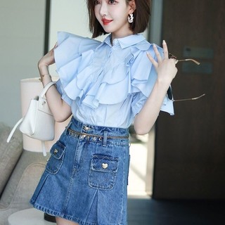 Áo Sơ Mi Khâu Viền Bèo Cổ Bẻ Thiết Kế Đặc Biệt 100% Cotton Sơ Mi Dễ Phối Tay Ngắn Mẫu Mới 
