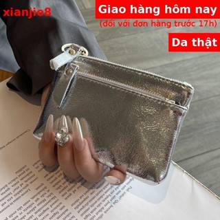 Ví Đựng Tiền Xu mini Bằng Da Bò Màu Bạc Có Khóa Kéo Cho Nữ