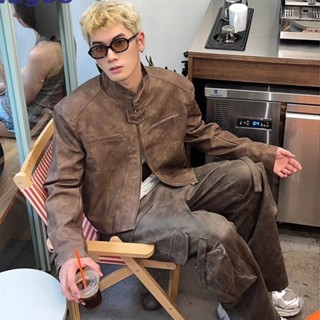 Magee Áo khoác nam mới phiên bản Hàn Quốc cổ điển giản dị cao cấp cảm giác thích hợp màu nâu cà phê phi công xe máy phù hợp với áo khoác da trẻ trung cặp đôi thời trang áo dài tay