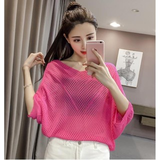 Áo thun khoét lỗ phong cách Hàn Quốc mới Áo Chống Nắng tay cánh dơi dệt kim dáng rộng cho nữ