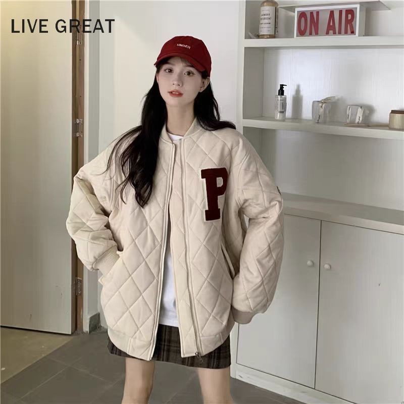 Live GREA Áo khoác bóng chày nữ chần bông phong cách đại học cổ điển kiểu Mỹ dáng rộng giản dị dễ thương