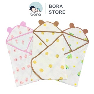  Ủ choàng muslin cho bé sơ sinh 4 lớp có mũ trùm đầu làm khăn quấn cho bé  73x73 cm  