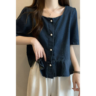 Thiết Kế Sense Áo Sơ Mi Denim Tay Ngắn Nữ Mùa Hè 2025 Phiên Bản Hàn Quốc Phong Cách Mới Retro Cổ Vuông Bao Bụng Phù Hợp Với Hàng Đầu