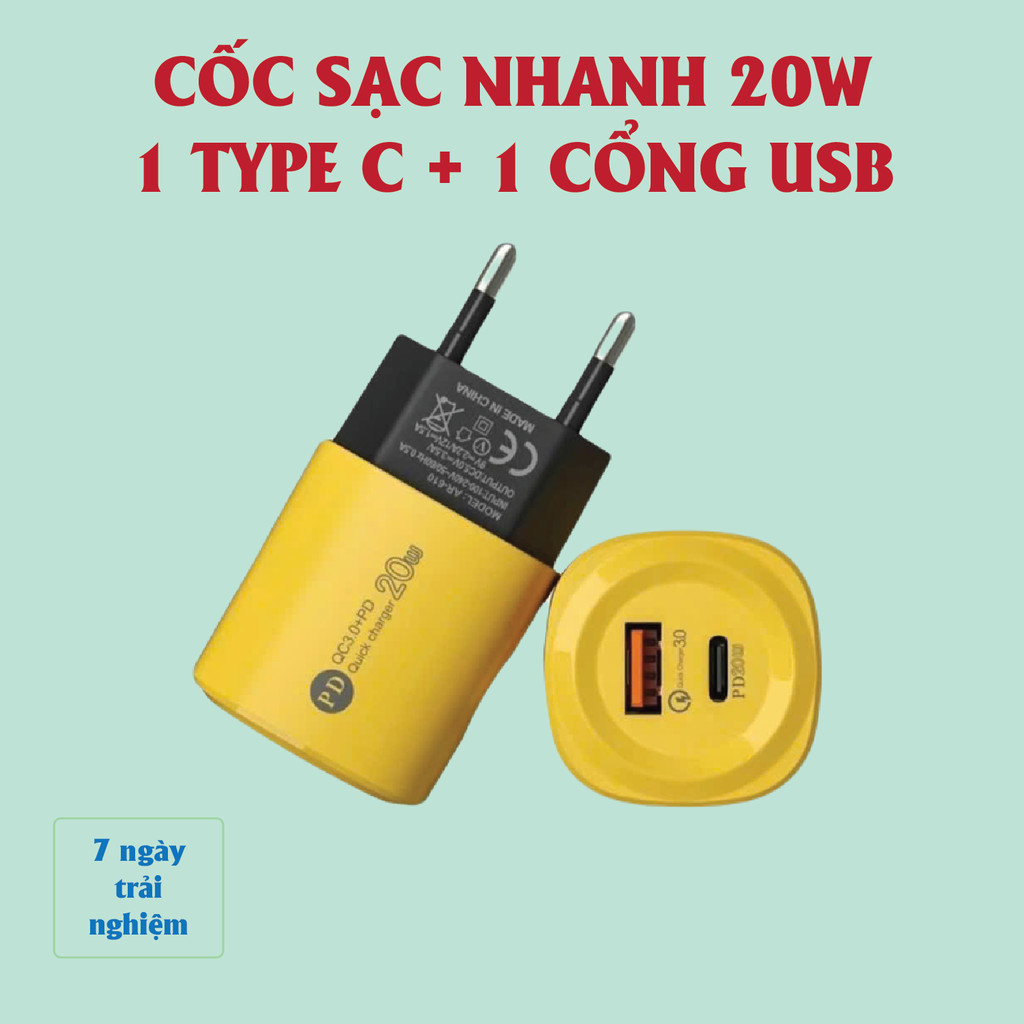 Cốc sạc nhanh 2 cổng gồm: 1 cổng Type C + 1 cổng USB. Củ sạc nhanh 2 in 1, Cáp sạc nhanh 4 in 1, Dây