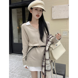 Liasynn (Thắt lưng miễn phí) Áo sơ mi giả hai mảnh Váy dệt kim mùa thu đông Phong cách mới Áo len phù hợp Váy đế váy