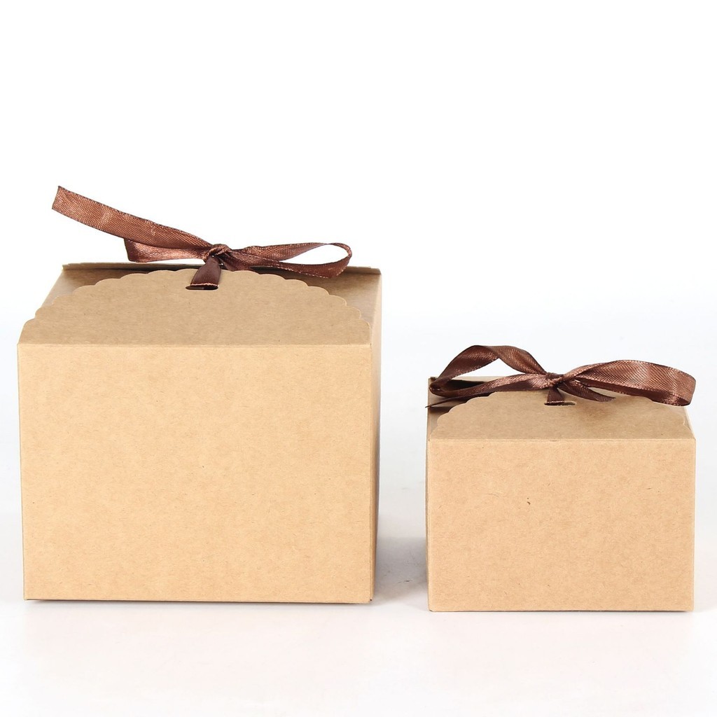 Hộp quà kraft vuông mini nắp cài thắt nơ Vintage kèm rơm lót, hộp giấy kraft -ALESS