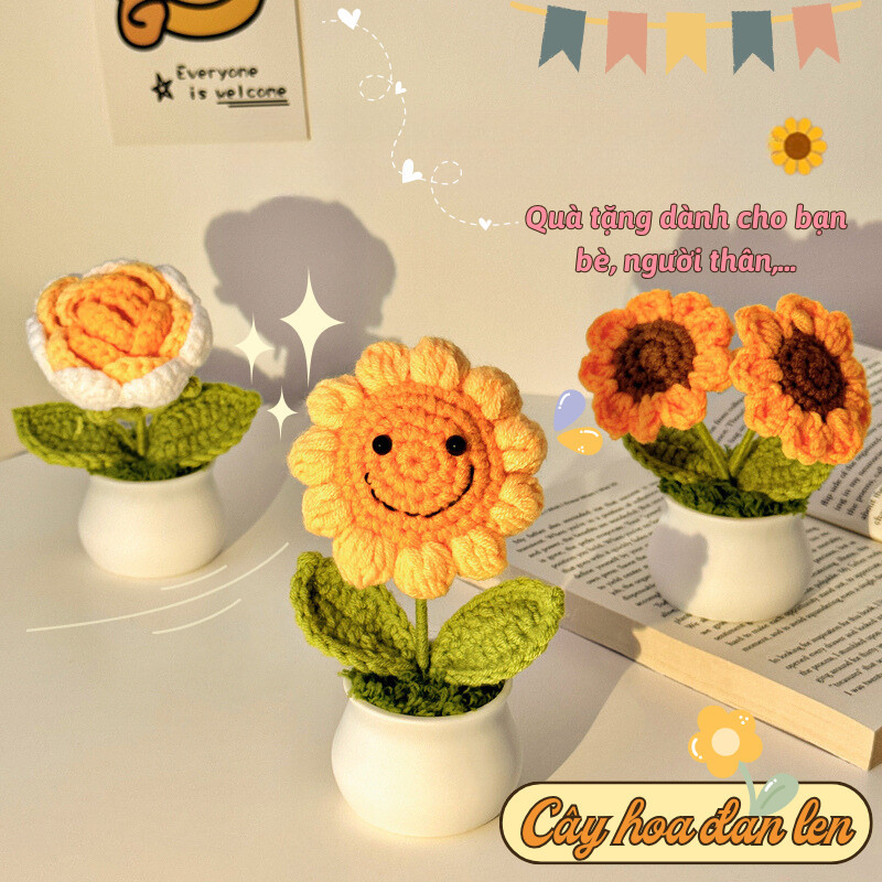 Hoa Giả Dệt Len Hoa Hướng Dương Joful home Chậu Hoa Len Handmade Thủ Công Mini Đồ Trang Trí Nhỏ Để B