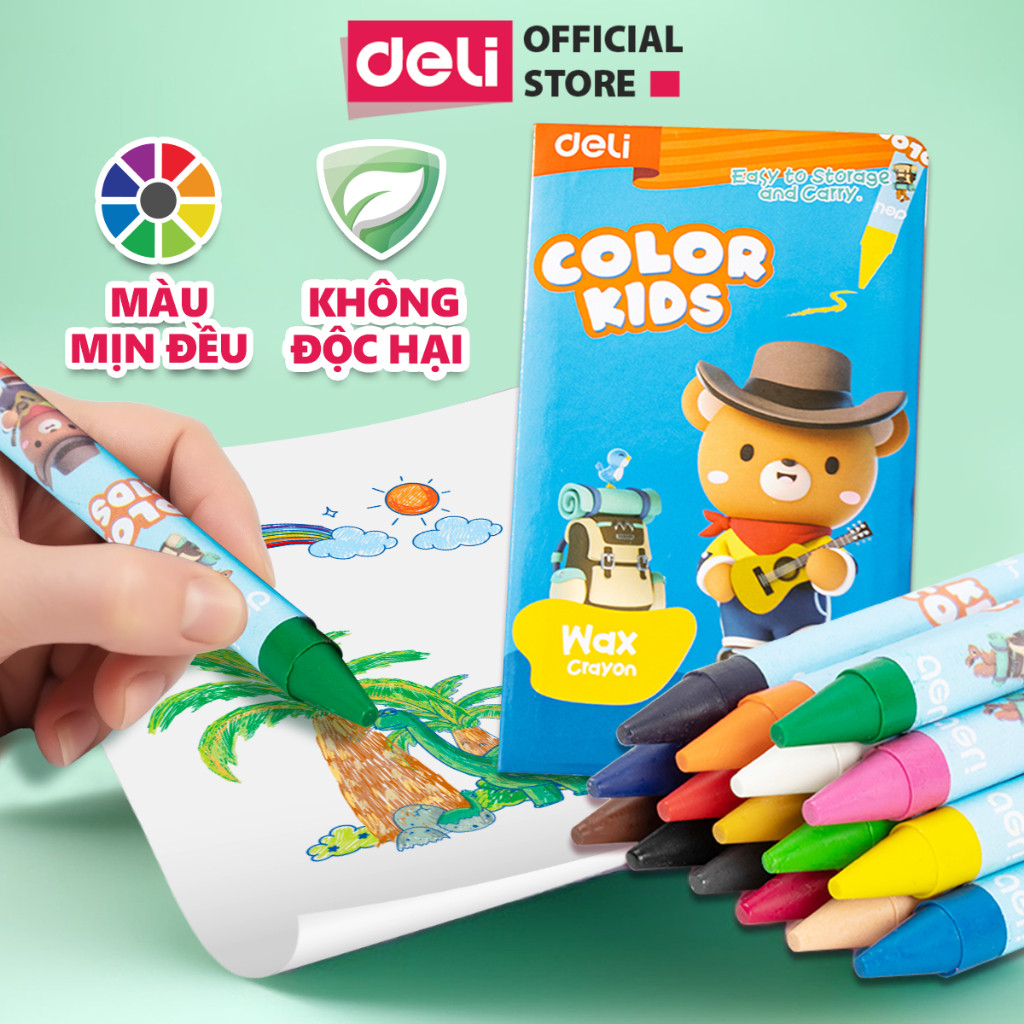 Bút sáp màu Colorkids Deli - Hộp màu sáp học sinh 10 màu, tăng kích thước bút, không độc hại, tô màu