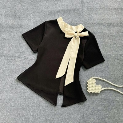 Áo Thun Kiểu Bigsize Nữ Cổ Tròn Phối Nơ Vạt Xẻ Ngắn Tôn Dáng Tiểu Thư Cho Chubby A251