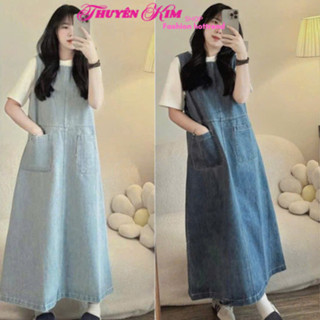 DX_ Set yếm váy Jean Quảng Châu mặc hè dáng dài suông rộng, yếm bầu có túi kèm áo thun