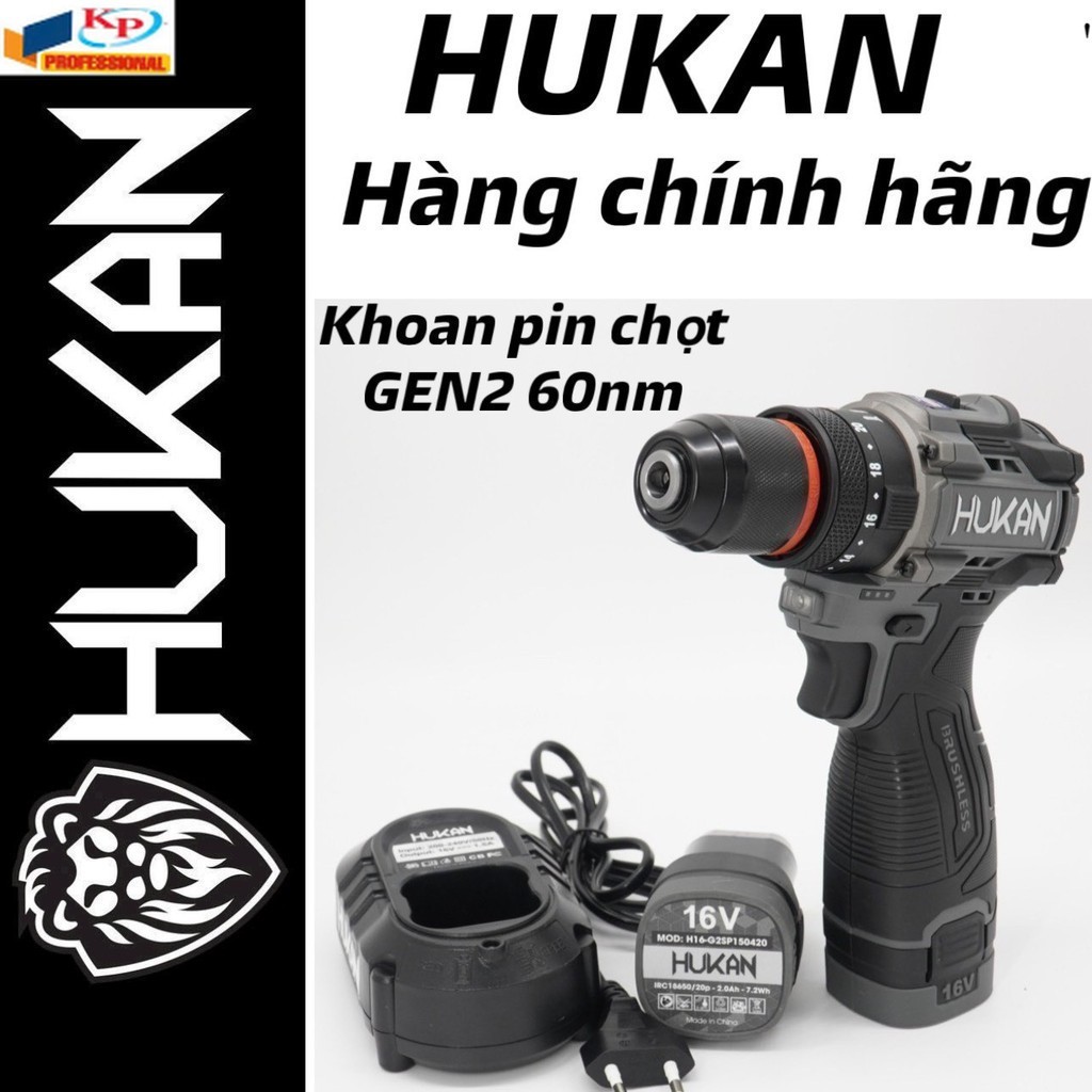 [GEN2] Máy khoan pin Hukan cao cấp H16-G2CD1612/ lực siết 60N/ bộ 2 pin dòng xả 15C kèm 1 sạc 1.5A .