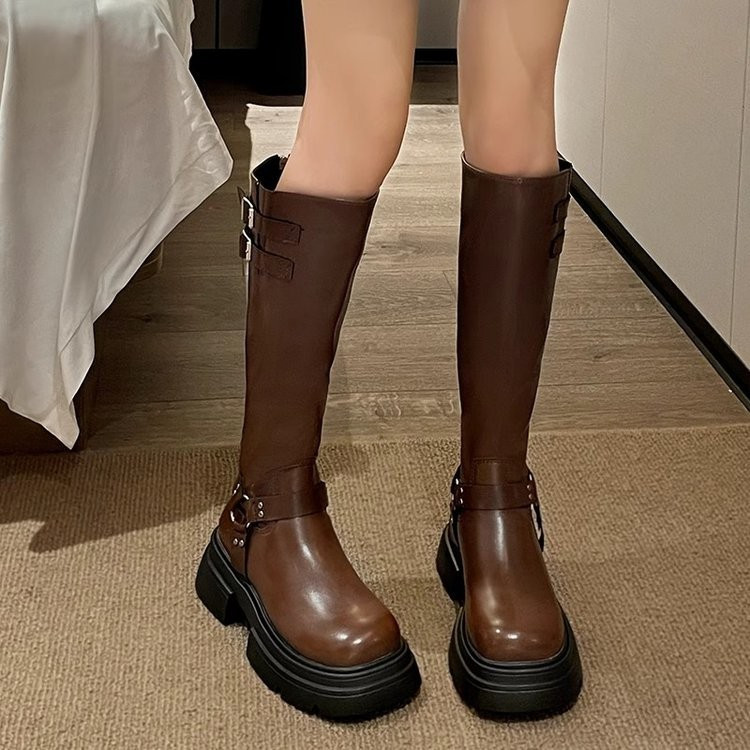 Thời Trang Phù Hợp Với Retro Thắt Lưng Khóa Giày Bốt Màu Nâu Đế Dày Hiệp Sĩ Giày Bốt PU Thu Đông Thoải Mái Mặc Bên Ngoài Chống Trơn Trượt Chống Mài Mòn